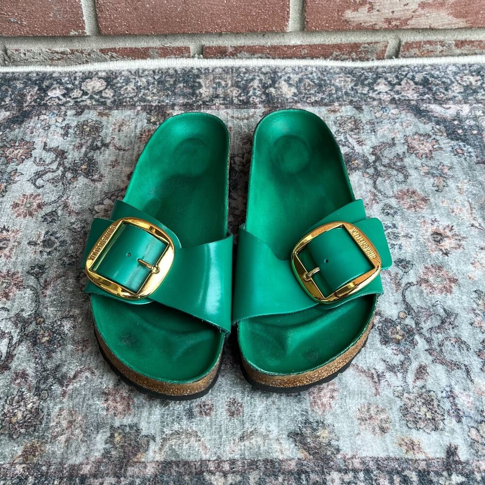 Birkenstock Madrid Green Leather Slide Sandals / Women's 40 / Big Buckle Gold - Picture 3 of 10